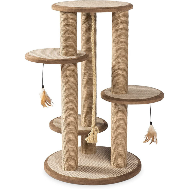5 Star Pets three-level cat scratching tower with natural sisal-wrapped posts and hanging feather toys, studio view.