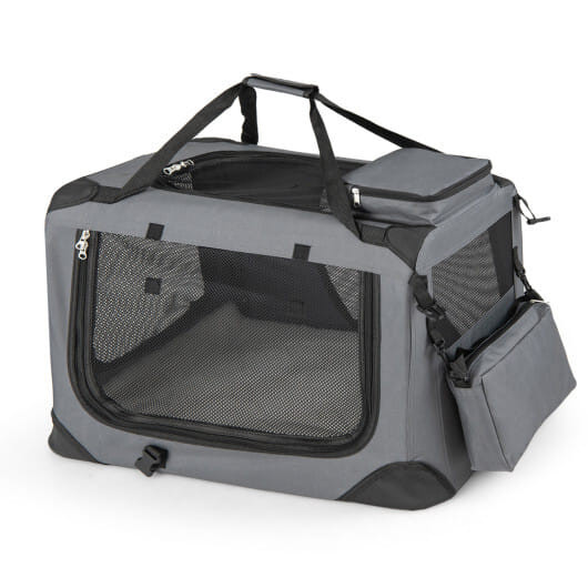 5 Star Pets collapsible soft dog crate in gray, studio view showing carrying handles.