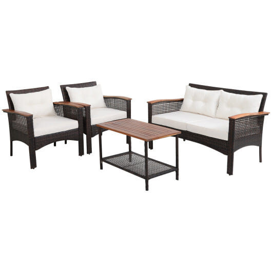 4 Pieces Patio Rattan Acacia Wood Furniture Set with Cushions and Armrest - Color: Espresso D681-HW69538+