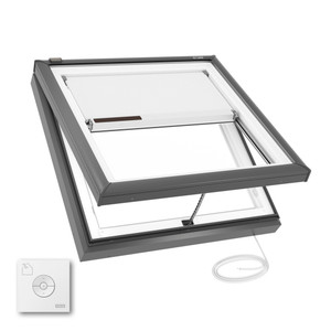 VCE 2222 skylight in open position, showing solar panel for operation and included wireless remote for venting control. VCE 2222 skylight in open position, showing solar panel for operation and included wireless remote for venting control.