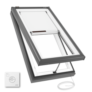 VELUX VCE 2234 electric-powered venting skylight with integrated white solar shade and wall-mounted remote, shown in curb-mounted open position VELUX VCE 2234 electric-powered venting skylight with integrated white solar shade and wall-mounted remote, shown in curb-mounted open position