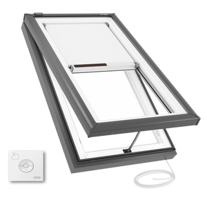 VELUX VCE 3046 electric venting skylight with integrated white solar-powered shade and wall-mounted remote control, shown in open curb-mounted configuration VELUX VCE 3046 electric venting skylight with integrated white solar-powered shade and wall-mounted remote control, shown in open curb-mounted configuration