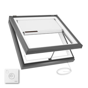 VELUX VCE 4646 2004S electric venting skylight with integrated solar shade and remote control, shown in curb-mounted configuration and open position. skylights2go VELUX VCE 4646 2004S electric venting skylight with integrated solar shade and remote control, shown in curb-mounted configuration and open position. skylights2go