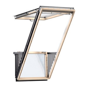 Exterior view GDL PK19 Balcony Roof Window featuring dual-sash operation with top-hinged upper sash and unfolding bottom sash forming a balcony with side railings. Exterior view GDL PK19 Balcony Roof Window featuring dual-sash operation with top-hinged upper sash and unfolding bottom sash forming a balcony with side railings.