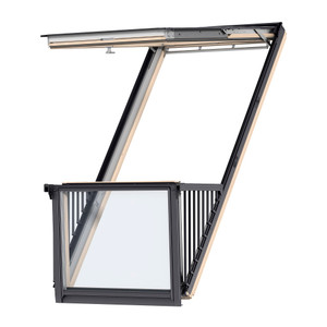 GDL MK19 Balcony Roof Window showcasing the dual-sash operation with the top sash opening upward and the bottom sash unfolding to create a balcony with side railings. GDL MK19 Balcony Roof Window showcasing the dual-sash operation with the top sash opening upward and the bottom sash unfolding to create a balcony with side railings.