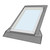 A diagram of a VELUX deck-mounted skylight with the M06 metal roof flashing kit installed. The image illustrates the flashing's profile and its integration with the skylight. A diagram of a VELUX deck-mounted skylight with the M06 metal roof flashing kit installed. The image illustrates the flashing's profile and its integration with the skylight.