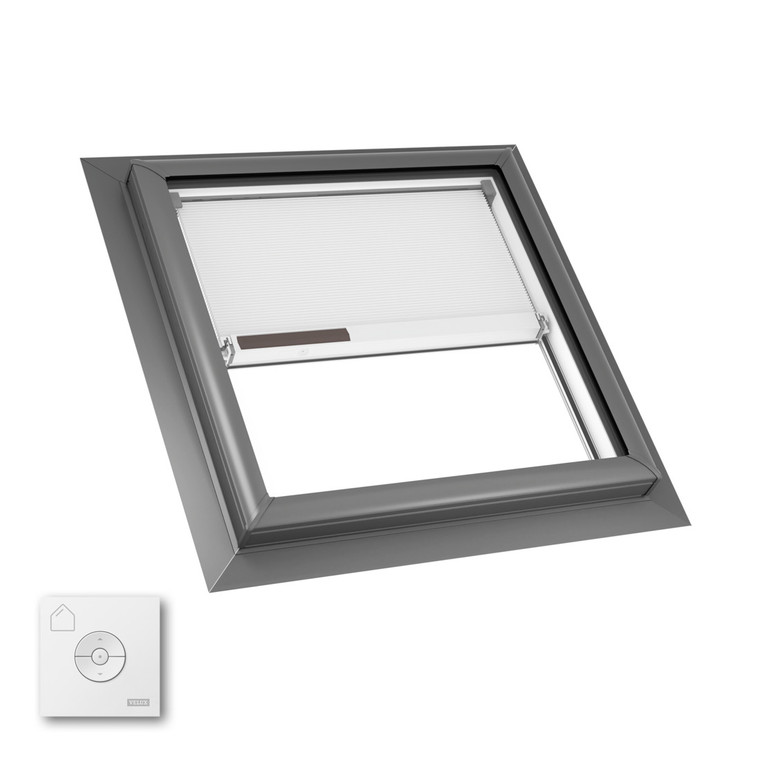 VELUX VCE 2222 Remote Control and Rain Sensor Detail: A close-up shot highlighting the VELUX remote control included with the VCE 2222
