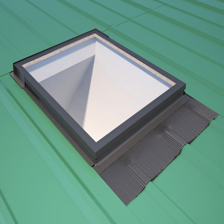 A VELUX deck-mounted skylight seamlessly integrated into a vibrant metal roof using the VELUX EDM flashing kit. This image highlights the clean lines and weathertight seal achieved with the EDM flashing, showcasing its ability to complement the modern aesthetic of metal roofing.