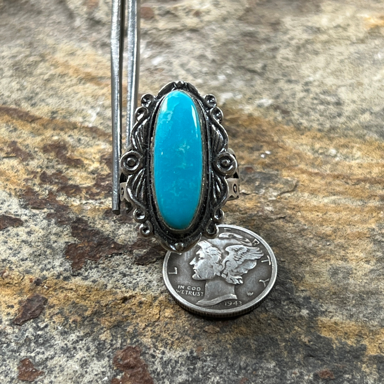 Antique Navajo Turquoise Ring with Arizona Blue Turquoise 