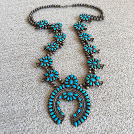 Vintage Zuni Sleeping Beauty  Squash Blossom Necklace 