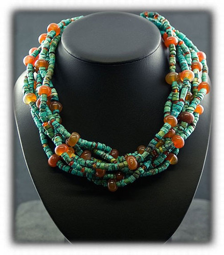 Blue Diamond Turquoise and Carnelian Bead Necklace and Earring Set