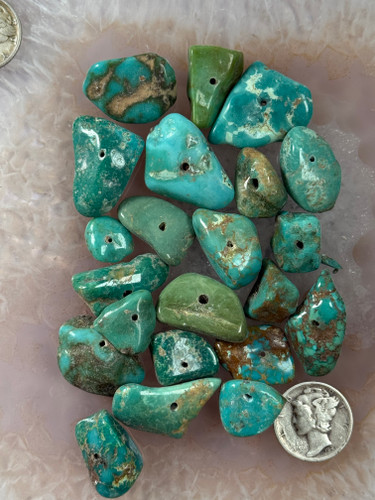 Old green Turquoise drilled nugget beads