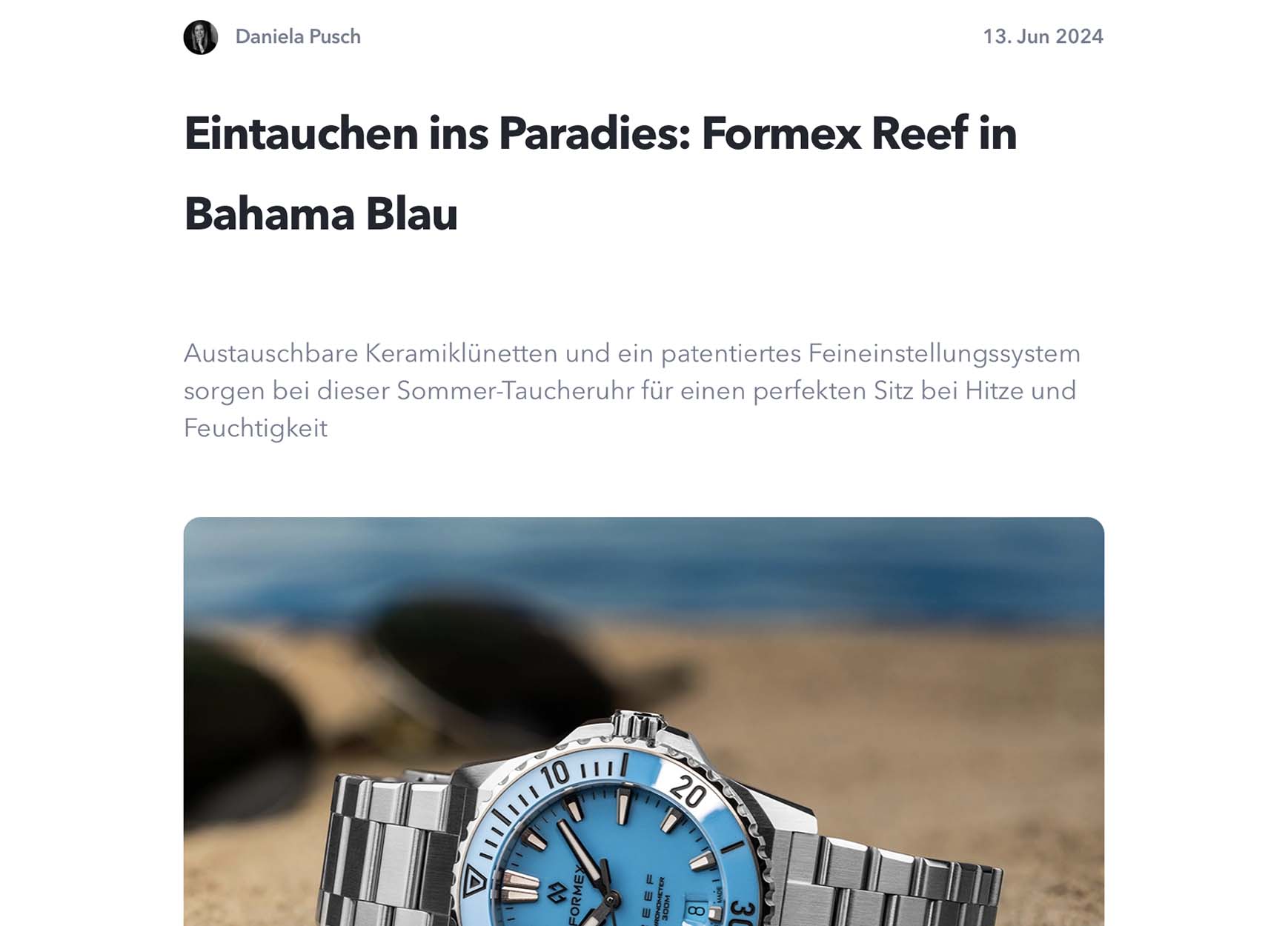 WatchTime Germany about the Formex Reef 39.5mm Bahama Blue