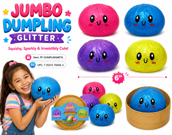 Jumbo Dumpling Squishy with glitter and gel filling. Cute, colourful 6-inch sensory squishy toys perfect for kids,