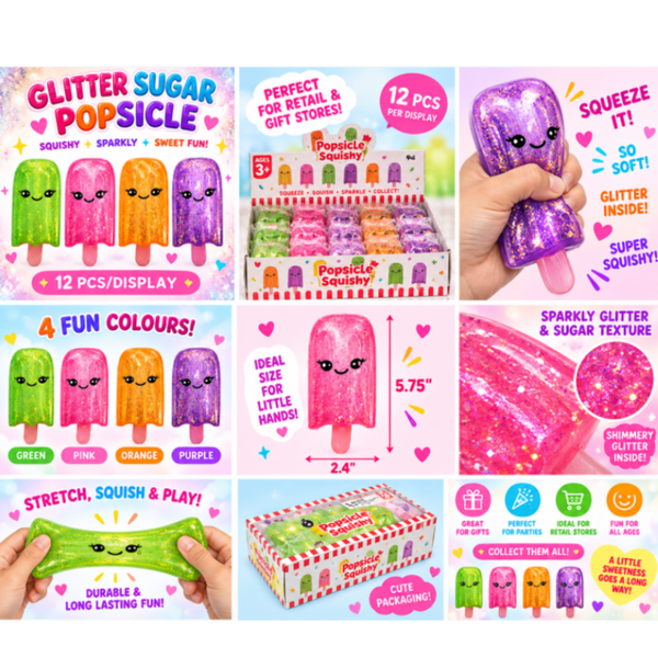 Glitter Sugar Popsicle Squishy – Sparkly Sugar Filled (12 PCS/Display)