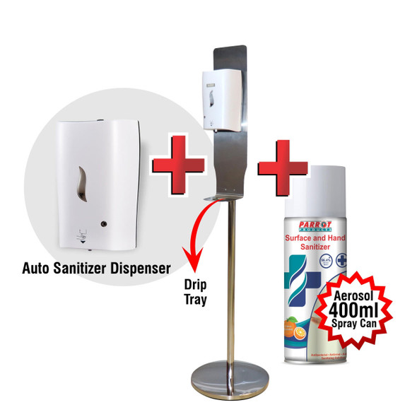 Parrot Products Promo Bundle Come Clean - Auto Sanitizer Dispenser Dispenser Stand SS Aerosol Sanitizer