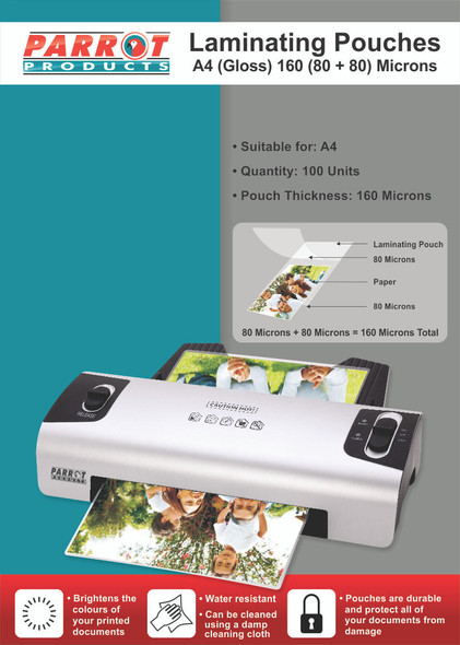 Parrot Products Laminating Pouches A4 - Gloss - 220x310mm - 160 8080 Microns - Box 100