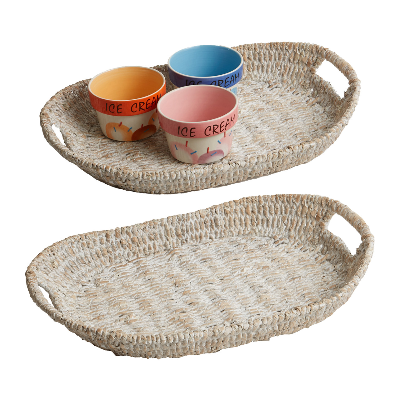 Woven Oval Serving Tray with Handles, Set of 2 - Whitewash | Woodard ...