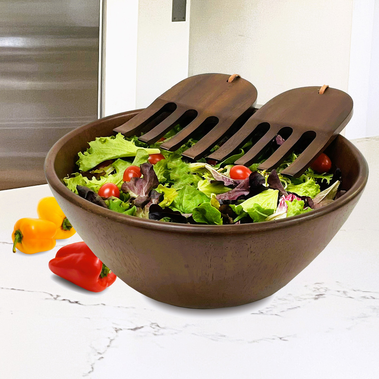 3 PC Walnut Stained Wood Salad Bowl Serving Set