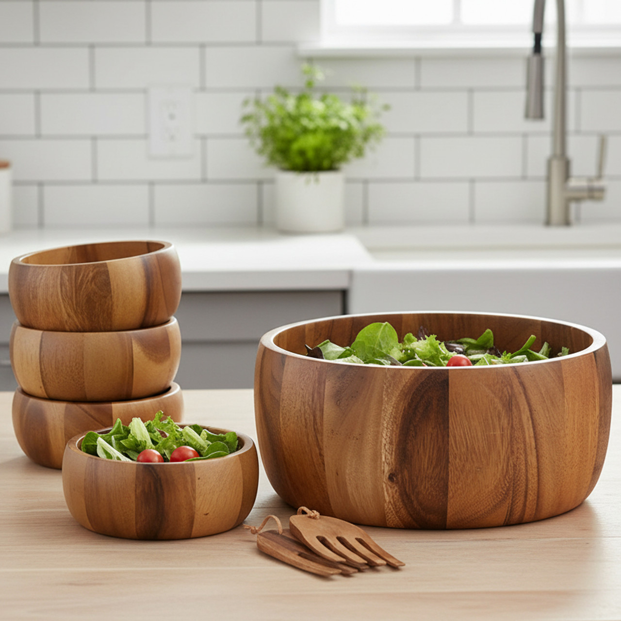 Acacia Wood Salad Bowl and Server Set | Woodard and Charles