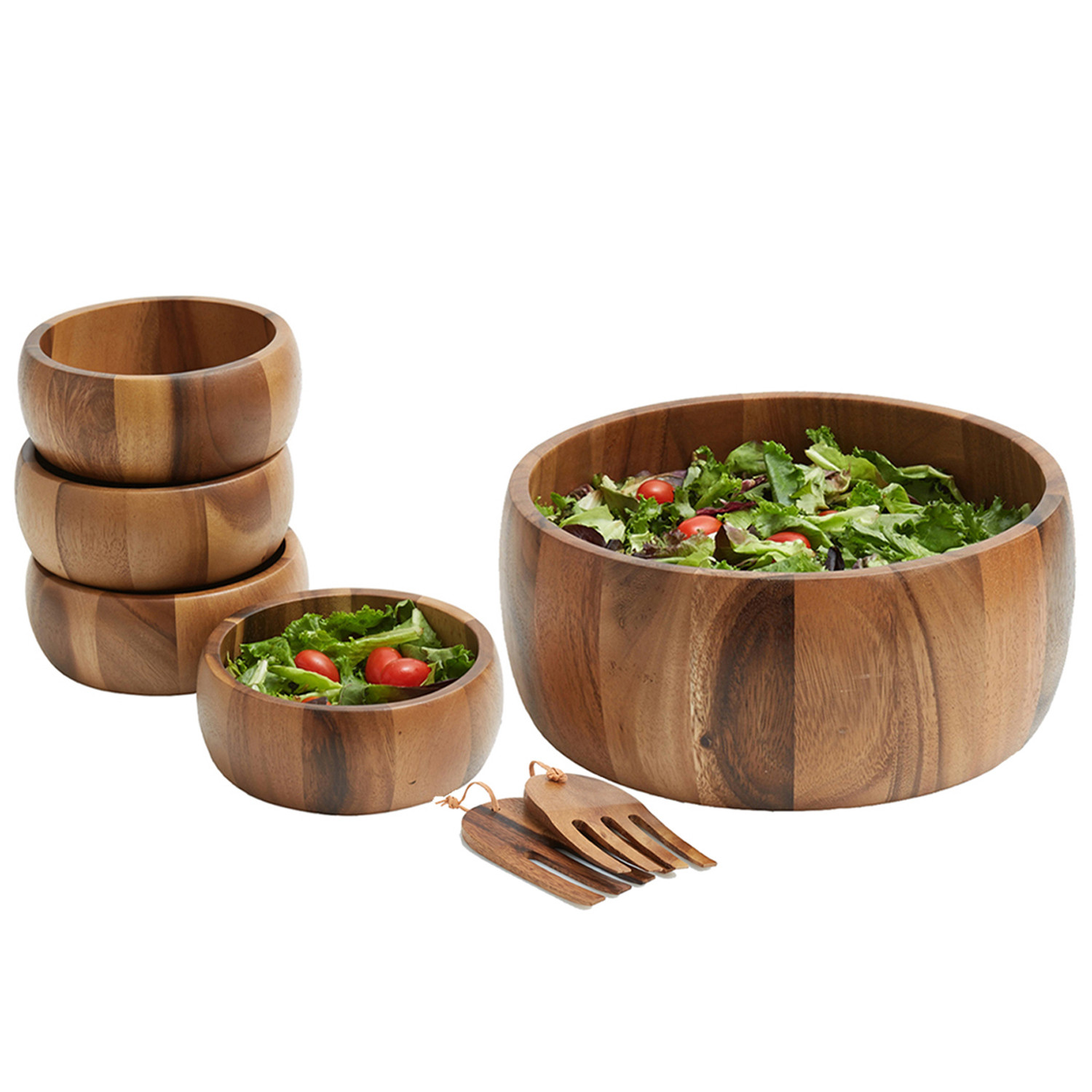 7 Pc Salad Bowl Serving Set Whitewash Wood