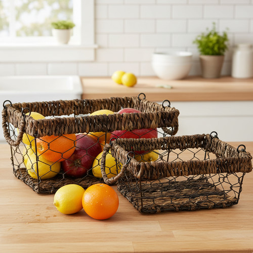 Rectangular Baskets, 2-Piece Set, Wired Abaca Collection Rectangular Baskets, 2-Piece Set, Wired Abaca Collection