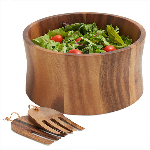 Salad / Serving Bowl, 3 PC Set, Acacia Wood, 10" Bowl + Salad Hands,  Bali Collection