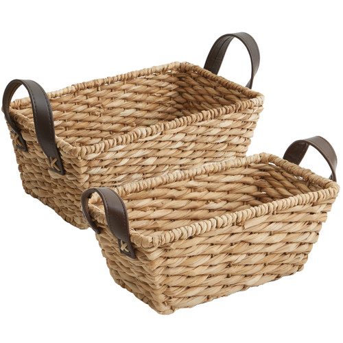 Bancuan With Faux Leather Handles, Rectangular Shelf Basket, Set of 2
