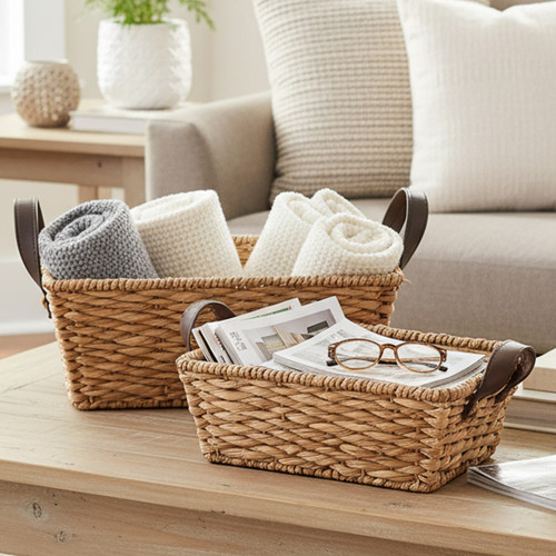 Bancuan With Faux Leather Handles, Rectangular Shelf Basket, Set of 2 Bancuan With Faux Leather Handles, Rectangular Shelf Basket, Set of 2