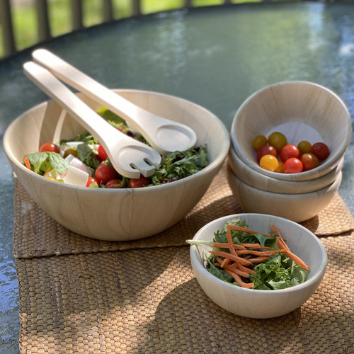 7 Pc Salad Bowl Serving Set - Whitewash Wood | WoodardandCharles.com