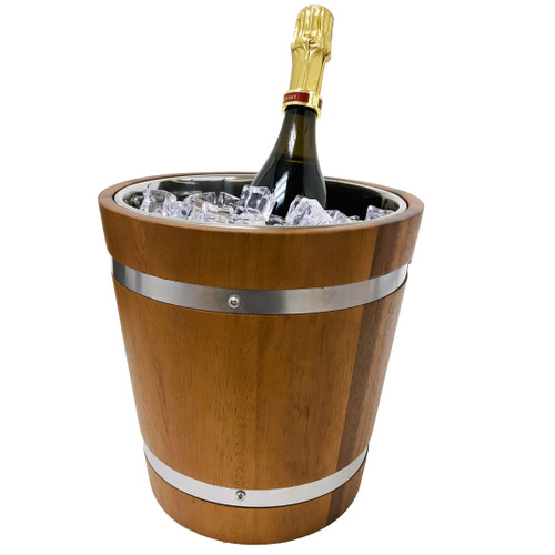 Champagne Bucket/Wine Chiller with Stainless Steel Liner, Acacia Wood, 9" x 8.75" 