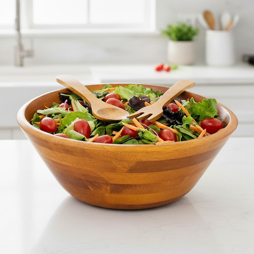 Salad / Serving Bowl, 3-Piece Set, Rubberwood, 14" Bowl + Servers, Andaman Sea Collection