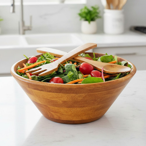 Salad / Serving Bowl, 3-Piece Set, Stained Rubberwood, 11" Bowl + Servers, Andaman Sea Collection