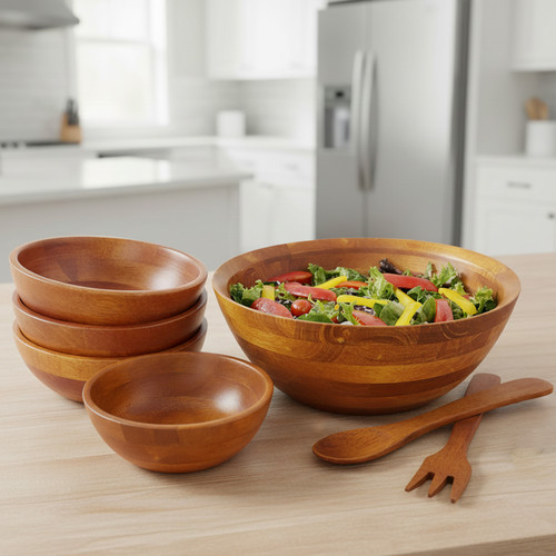 Salad / Serving Bowl, 7-Piece Set, Stained Rubberwood, 10" Bowl + 4 Individual Bowls + Servers, Chiang Mai Collection