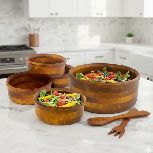 Salad / Serving Bowl, 7-Piece Set, Stained Rubberwood, 10" Bowl + 4 Individual Bowls + Servers, Penang Collection