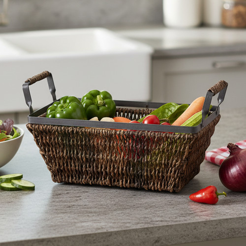 Rectangular Shelf Basket, 12" x 6" x 4 3/4", Metal Abaca Collection