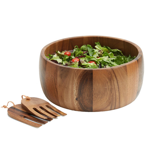 Acacia Wood Salad Bowl with Servers Set - Large 9.4 inches Solid Hardwood  Salad Wooden Bowl with Spoon for Fruits ,Salads and Decoration by AVAMI