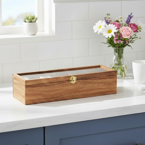 Tea Box, 5 Compartment, Acacia Wood, 15 1/4" x 4 1/2" x 3 3/4"