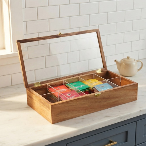 Tea Box, 10 Compartment, Acacia Wood, 15 1/4" x 7 1/2" x 3 3/4" 