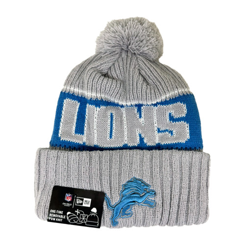 Detroit Lions New Era Cuffed Fleece Lined Beanie Pom Pom - Grey / Blue