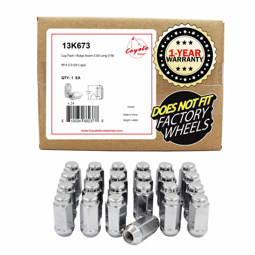 Wheel Accessories Parts 24 Pcs 14mm 1.50 14x1.50 Thread Bulge Acorn 2.00" Long Lug Nut Chrome 22mm 7/8" Fits 1999+ Chevrolet 1500 Silverado GMC Sierra 1500 | 2015+ Ford F150 | 2019+ RAM 1500