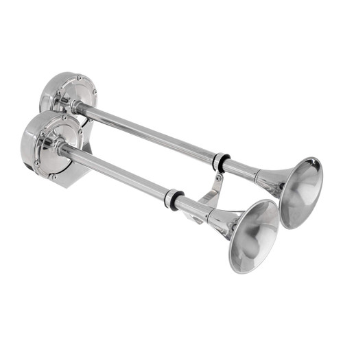 Seachoice Dual Trumpet Electric Horn, Stainless Steel, 123 dB Rating, 24V, 5 Max Amps. 18-1/2 in. L X 8 in. W X 5 in. H