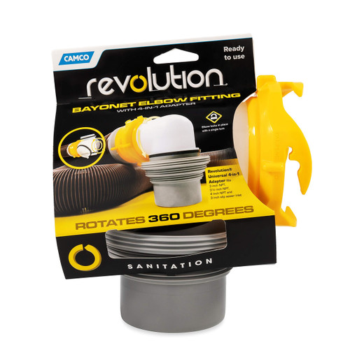 Camco Revolution RV Sewer Hose Bayonet Elbow | Features a Built-In Gasket for an Odor-Tight Connection, a 360-Degree Swivel for Easy Install, and Includes a 4-in-1 Adapter (39471)