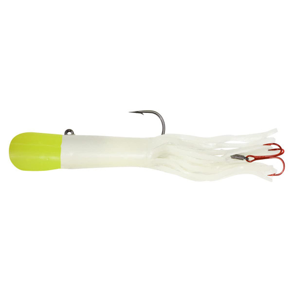 Northland Fishing Tackle Level-Head Predator Tube Jig for Ice Fishing and Fishing Lake Trout, Northern Pike, and Burbot, White/Chartreuse Top, 3/4 Oz, 2/Card