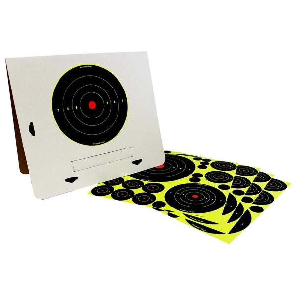 BIRCHWOOD CASEY Shoot-N-C Deluxe Target Kit for Shooting - Easy to Assemble Heavy-Duty Self-Standing Cardboard A-Frame Target Stand & 40 Self-Adhesive Reactive Targets with 40 Repair Pasters