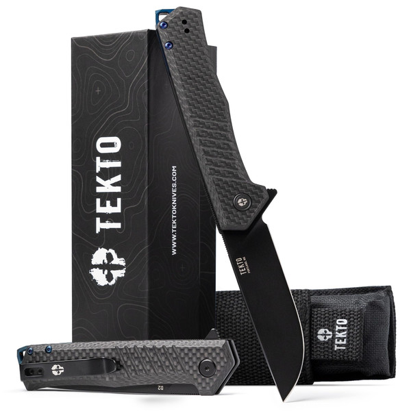 TEKTO F1 Alpha Folding Pocket Knife - Modified Straight Back Blade,Titanium Coated D2 Steel, Ideal for Outdoor Camping and Backpacking, Tactical Carbon Fiber Handle, Blue Titanium Accents