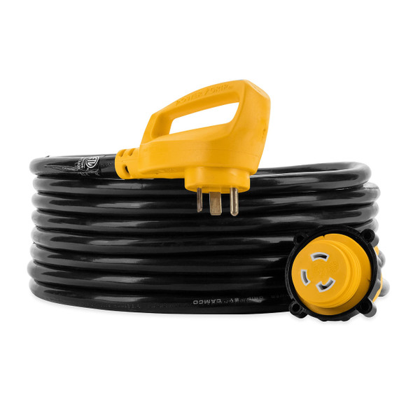 Camco Power Grip 25-Ft 30 Amp RV Extension Cord w/Locking End - Rated for 125V / 3,750W - Features Threaded Locking Ring for Weatherproof Connection & RV Power Cord 90° Head (55501)