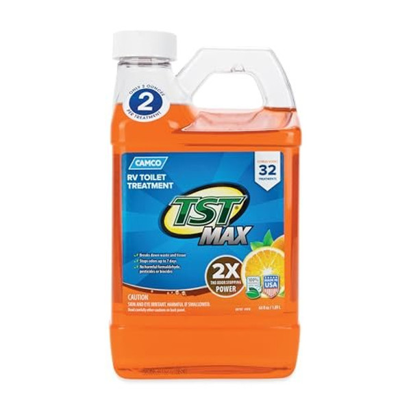 Camco TST MAX Camper / RV Toilet Treatment - Features Septic Safe Formula & Stops Odors Up to 7 Days – Orange Scent, 64 oz (41195)