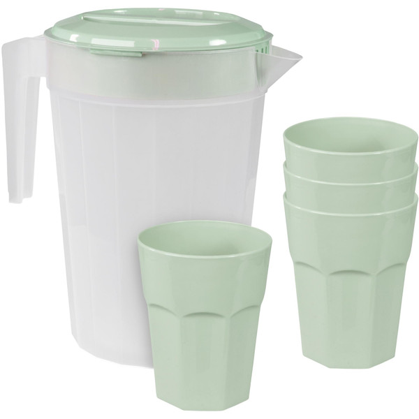 Plastic Pitcher Set - 1 Pitcher with Lid & 4 Camping Cups for Travel, Parties, & Picnics - Sturdy, BPA Free, Dishwasher Safe - 84 oz Water Pitcher & 14.5 oz Cups (Mountain Sage)