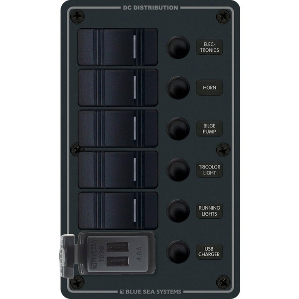 Blue Sea 8521-5 Position Contura Switch Panel w/Dual USB Chargers - 12/24V DC - Black